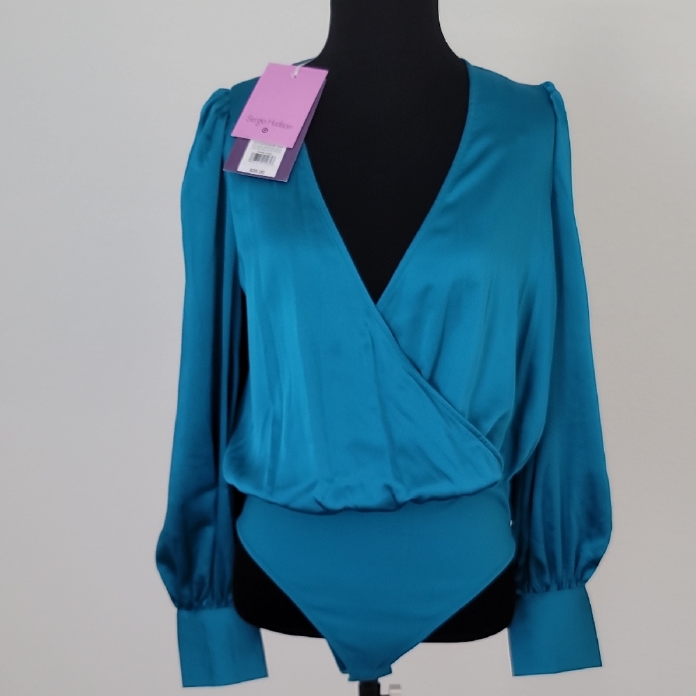 NwT Teal Long Sleeve Satin Deep V Bodysuit